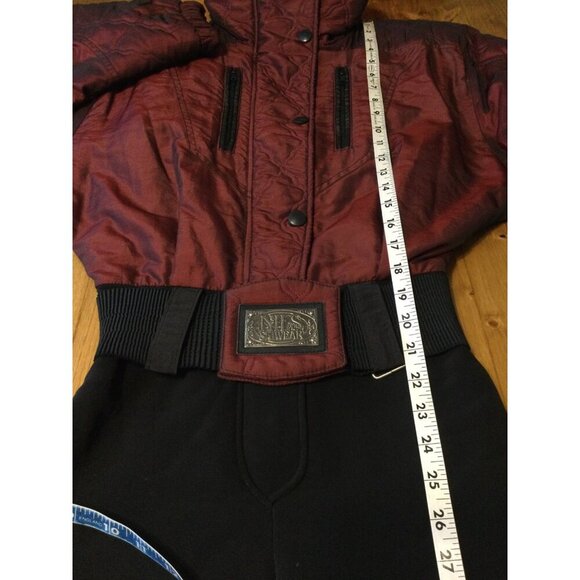 Vintage Nils Womens Ski Suit Stirrups Pockets Iridescent Burgundy Black Size 8 - Picture 14 of 14